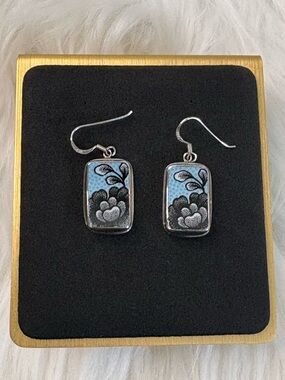 Sterling Silver Ceramic Tile Like Blue Floral Rectangle Drop Earrings with Hooks